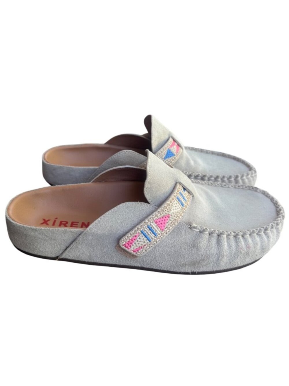 Xirena Beige Suede Slip On Loafers Mules Shoes Embroidered Strap Women 37/US 7
